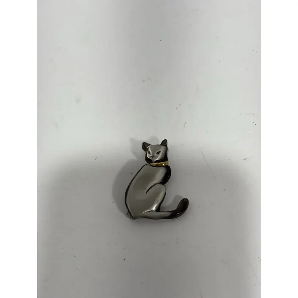 Shields Pewter Cat Kitty Kitten Brooch Pin Silver‎ Tone Gold Tone Collar Signed